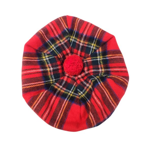 Vintage Plaid Wool Beret Hat Red Classic 70s 80s Preppy Twee Vtg Tartan Academia - Picture 1 of 4